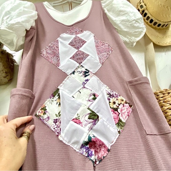 Farmhouse Patchwork dusty blush waffle boho prairie artisan Jumpsuit - Picture 2 of 10